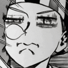 a black and white drawing of a person 's face with a smirk on it .