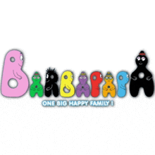 barbapapa one big happy family logo with cartoon characters on a white background