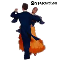a man and a woman are dancing in front of a star tamil chat sign