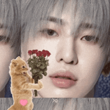 a cat holding a bouquet of roses in front of a man 's face