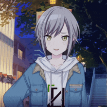 a girl with gray hair and green eyes is wearing a blue jacket and a white shirt with the letter n on it