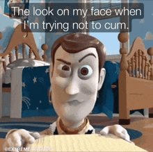 a picture of woody from toy story with a caption that says the look on my face when i 'm trying not to cum