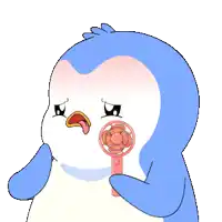 a blue and white penguin is holding a fan in its hand