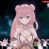 a girl with pink hair and blue eyes is surrounded by a bunch of animals