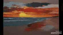 a painting of a sunset with the words made in animotica at the bottom