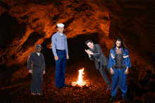 two men standing in a cave with a baby in a carrier and a speech bubble that says wonder where they went