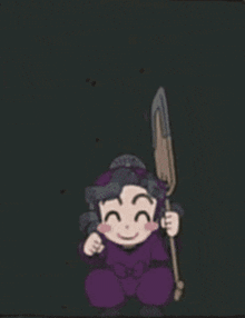 a cartoon character is holding a sword and smiling in the dark