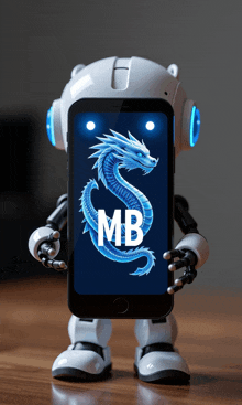 a robot holding a cell phone that says mb