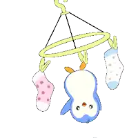 a penguin hanging from a clothes hanger with socks