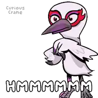 a cartoon drawing of a bird with a purple beak and the words hmmmm