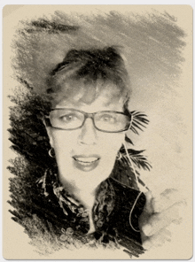 a black and white drawing of a woman wearing glasses and a scarf