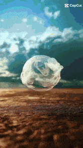 a bubble is floating in the air on a wooden surface with a capcut logo in the background