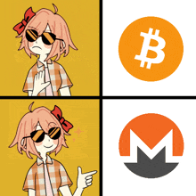 a girl wearing sunglasses is pointing at a bitcoin and a monero logo