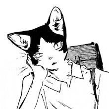 a black and white drawing of a person with a cat 's head on their shoulders .