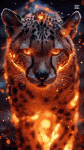 a close up of a cheetah with flames coming out of it 's eyes