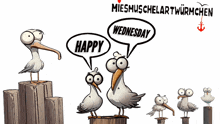 a cartoon of seagulls talking about wednesday