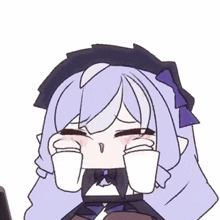 a cartoon girl with purple hair and a bow tie is crying while holding a cup .