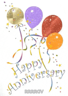 a happy anniversary card with balloons and confetti