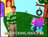 a man standing next to a purple mailbox with the words checking mail below him