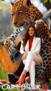 a woman in a white suit is sitting next to a leopard holding a guitar .