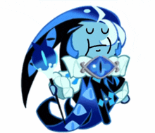 a blue cartoon character with a sad face and a bow tie