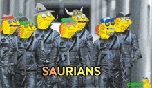 a group of saurians wearing nasa suits are walking down a hallway