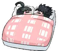 a cartoon of two people sleeping in a bed with a pink blanket .