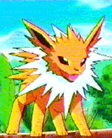a cartoon eevee is standing on a fence in the woods .