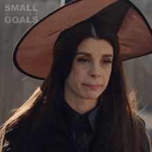 a woman wearing a witch hat with the words small achievable goals on the bottom right