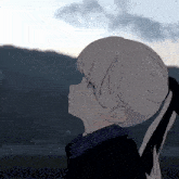 a girl with white hair and a black ponytail looks up at the sky