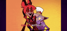a couple of cartoon characters standing next to each other with the words " can you butt out of " in the corner