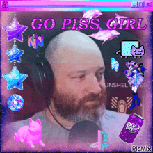 a picture of a man wearing headphones with the words go piss girl written above him