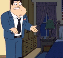 a man in a suit and tie is standing in front of a bedroom