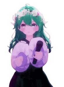 a girl with green hair and a flower crown on her head holds a microphone