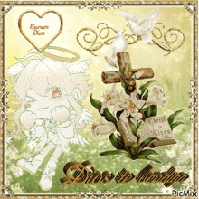 a picture of a cross with flowers and a bible that says christ is risen on it