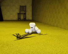 a teddy bear is sitting on a yellow carpet in a room .