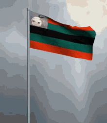 a flag with two faces on it is waving in the wind against a cloudy sky