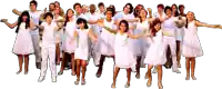 a large group of people in white dresses are standing together