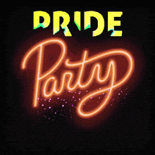 a neon sign that says pride party on a dark background
