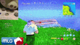 a cartoon character is playing a video game on a computer with a mlg logo in the corner .