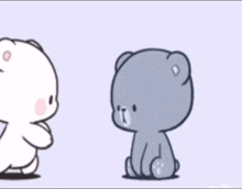 a white teddy bear and a gray teddy bear are standing next to each other on a purple background .