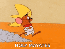a cartoon mouse is running in the desert with the words `` holy mayates '' written below him .