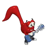 a red cartoon character is playing a guitar