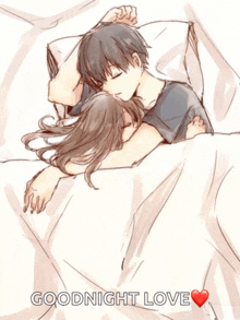 a drawing of a boy and a girl hugging with the words goodnight love below them