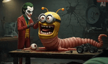 a joker is standing next to a cartoon worm