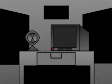 a drawing of a desk with a tv and a clock