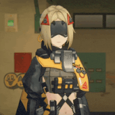 a girl wearing a mask and a vest that says diesel