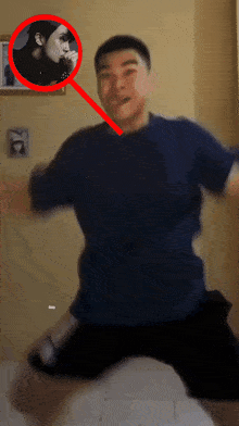 a blurry picture of a man in a blue shirt with a picture of a man in the background