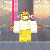 a person in a chicken costume is standing in front of a building in a video game .