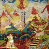 a cat sits in front of a colorful painting with the word purger on the bottom